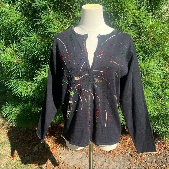 2000 Cardigan Sweater Embellished New Years Champagne Women’s M Y2K - Picture 6 of 14